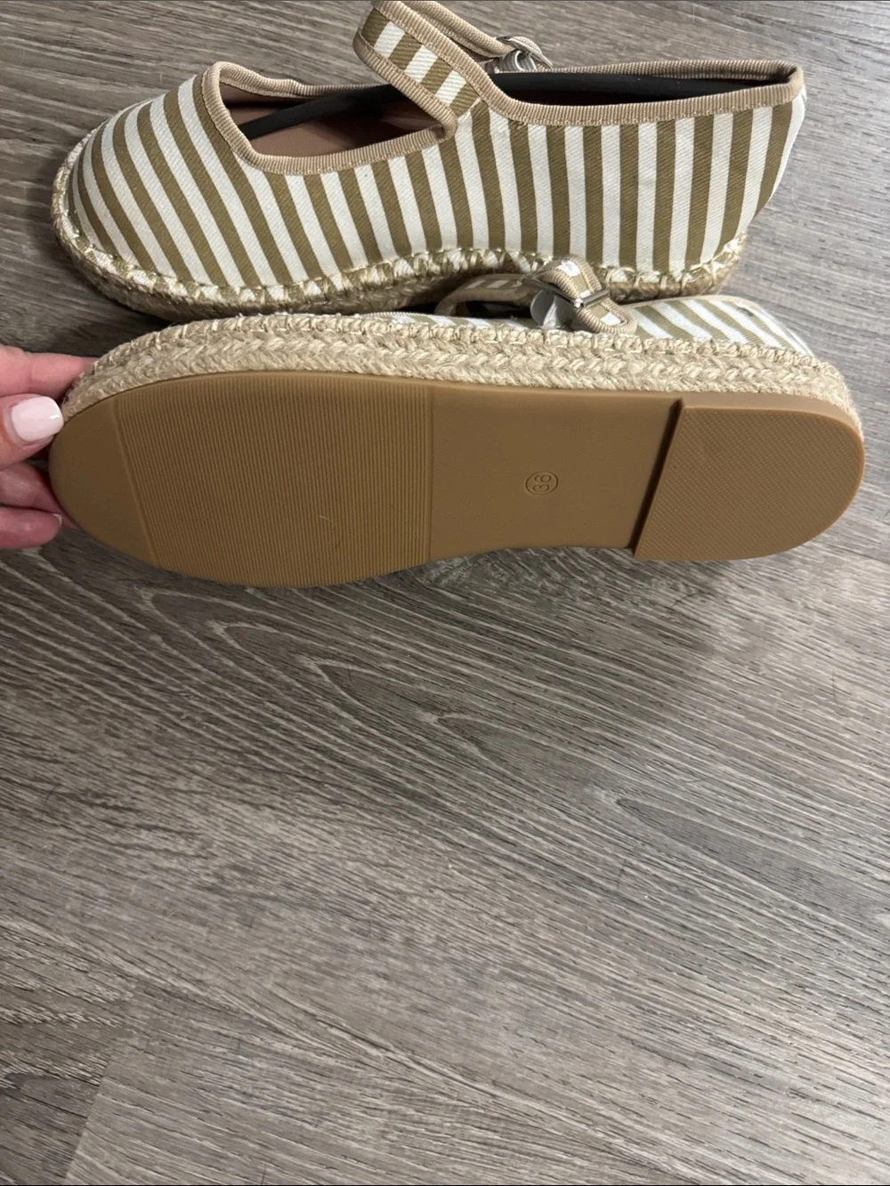 Striped Mary Jane Espadrille Flats in Beige and White
